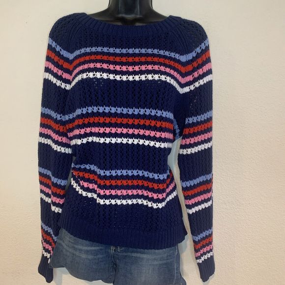 TALBOTS OPEN STITCH SWEATER - HAPPY STRIPE COTTON CREW NECK SIZE XL (16/18) NWT - Picture 4 of 14